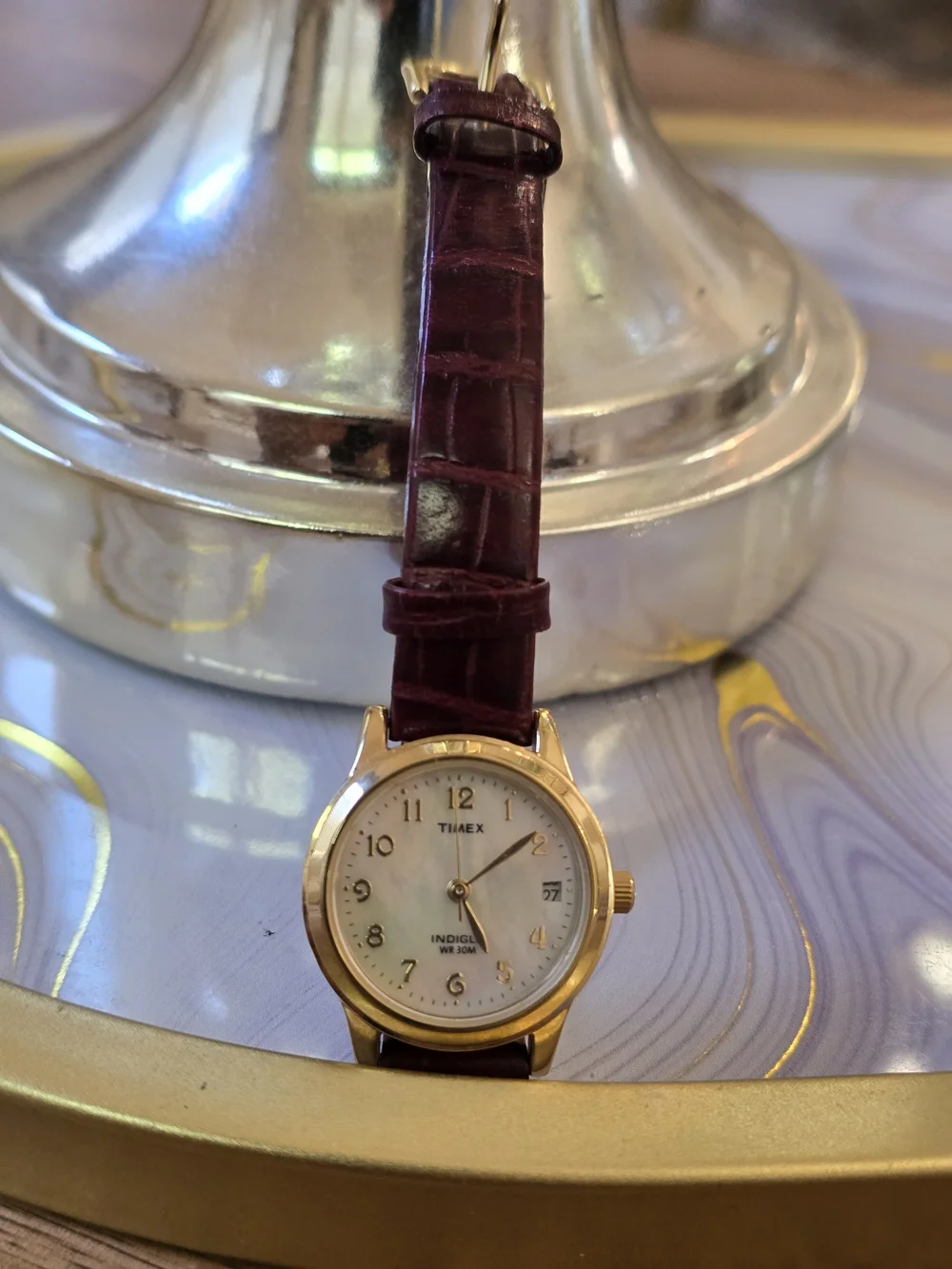 Timex Women's Gold Case Watch with Burgundy Leather Strap